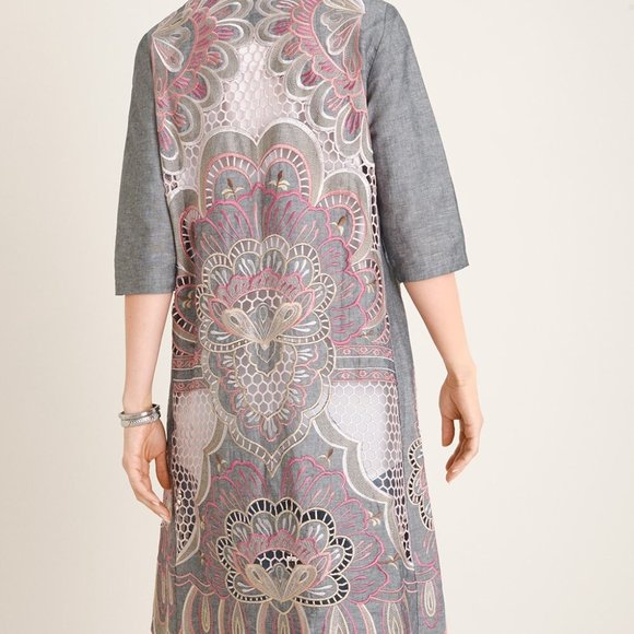 Chico's Embroidered Scalloped-Hem Kimono Jacket Size L/XL Pink/Grey/Silver NWT - Picture 2 of 6